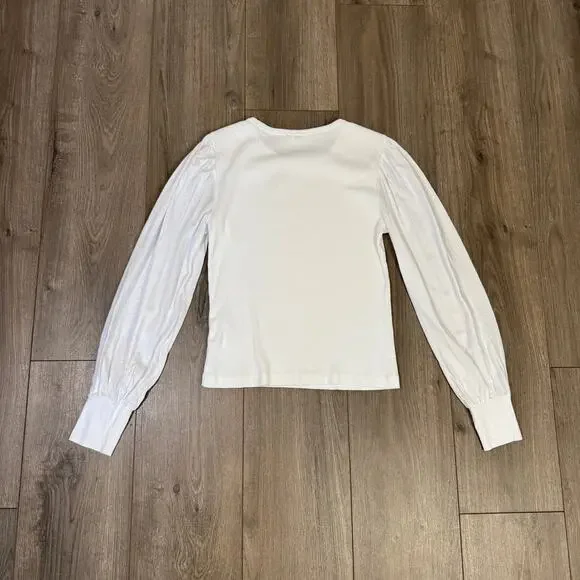 Madewell Ribbed Puff-Sleeve Top Sz S White Long Sleeve Slim Fit Pullover Cotton - Picture 6 of 8